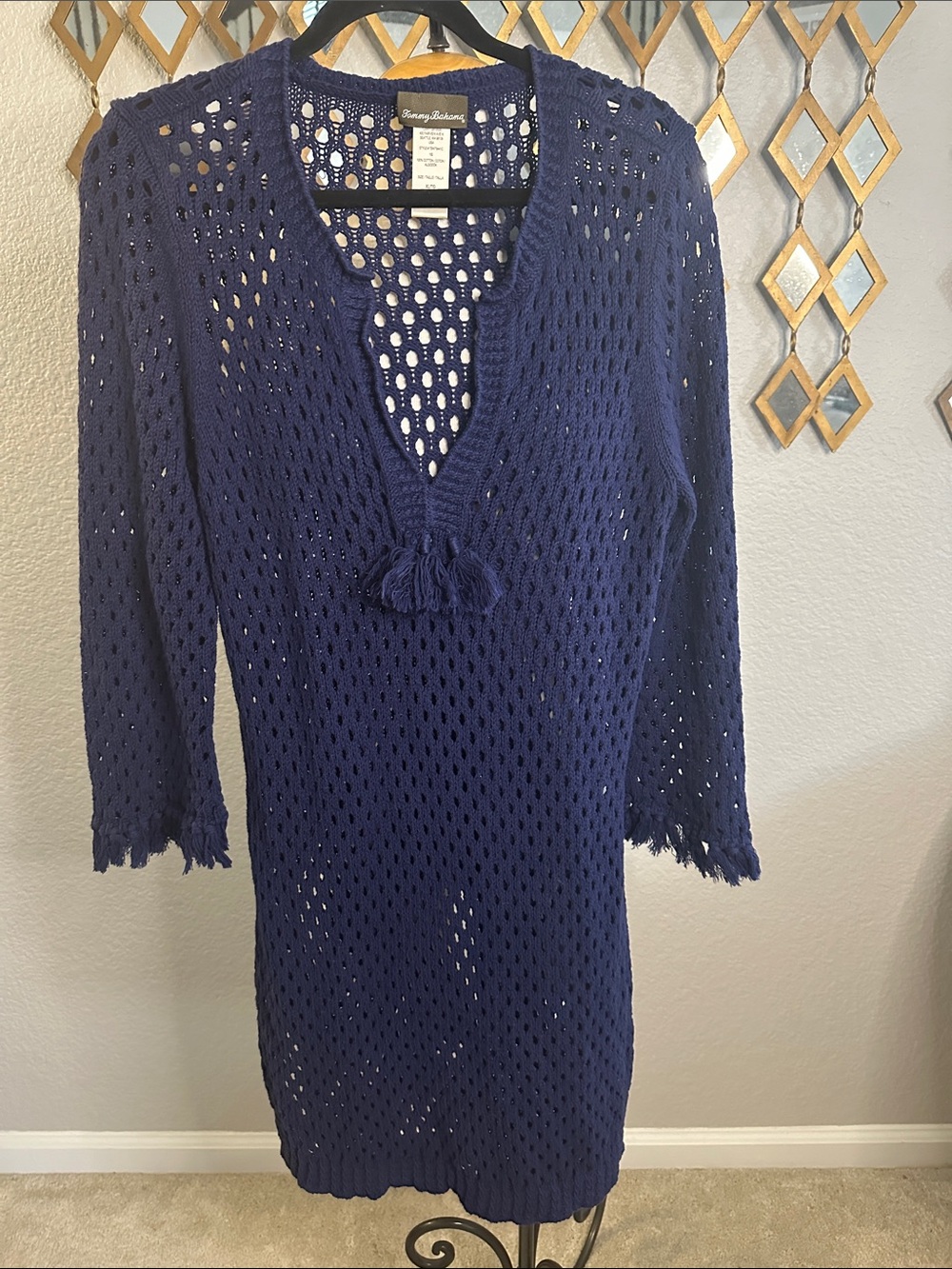 Tommy Bahama Navy Open-Knit Tassel Beach Cover-Up